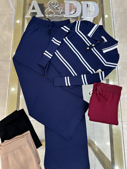 Conjunto Modal Canelado Listrado Blusa Botões e Calça - Ref:k0182