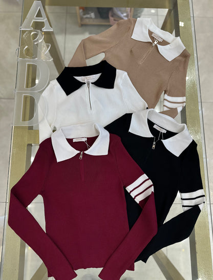 Blusa Tricot Modal Gola Polo Bicolor - Ref:YUX1049