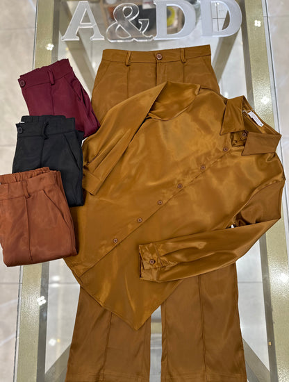 Conjunto Feminino em Cetim Gloss Camisa e Calça - Ref:YY0117