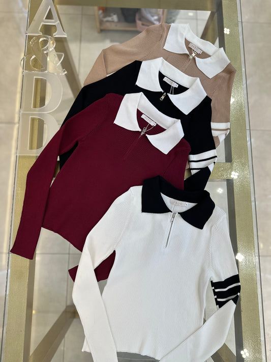 Blusa Tricot Modal Gola Polo Bicolor - Ref:YUX1049